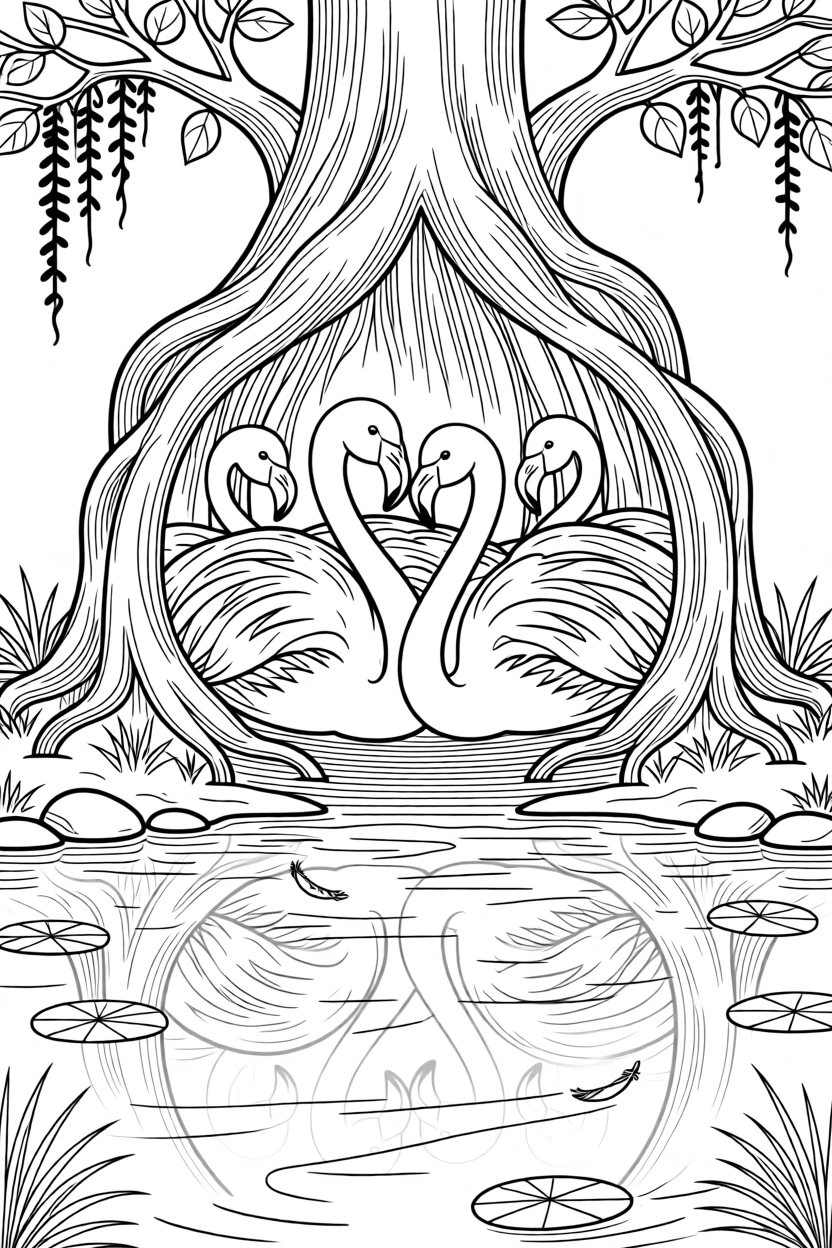 A flock of flamingos curled up in a den surrounded by roots, with its reflection rippling in a still pond.