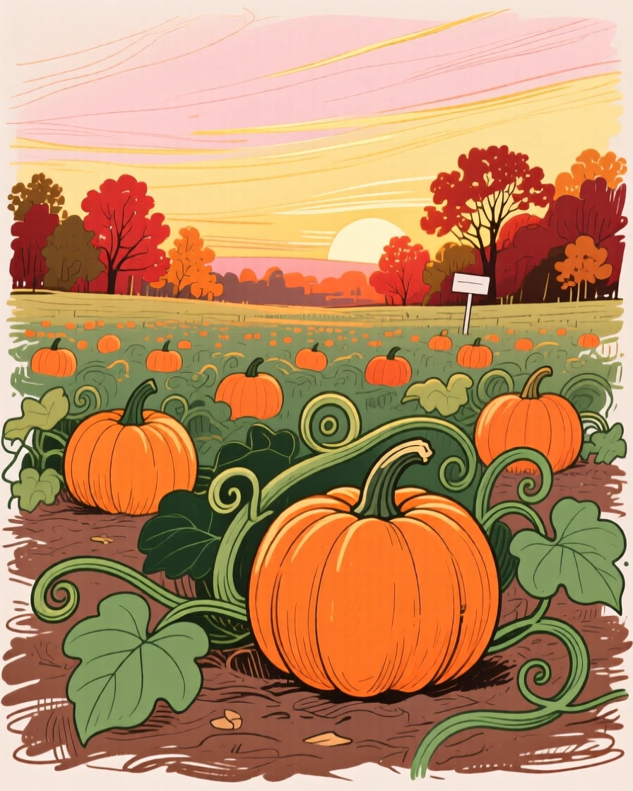 A pumpkin patch glowing under an autumn sunset.