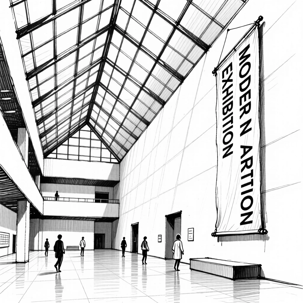 A modern art museum atrium with a soaring glass ceiling.