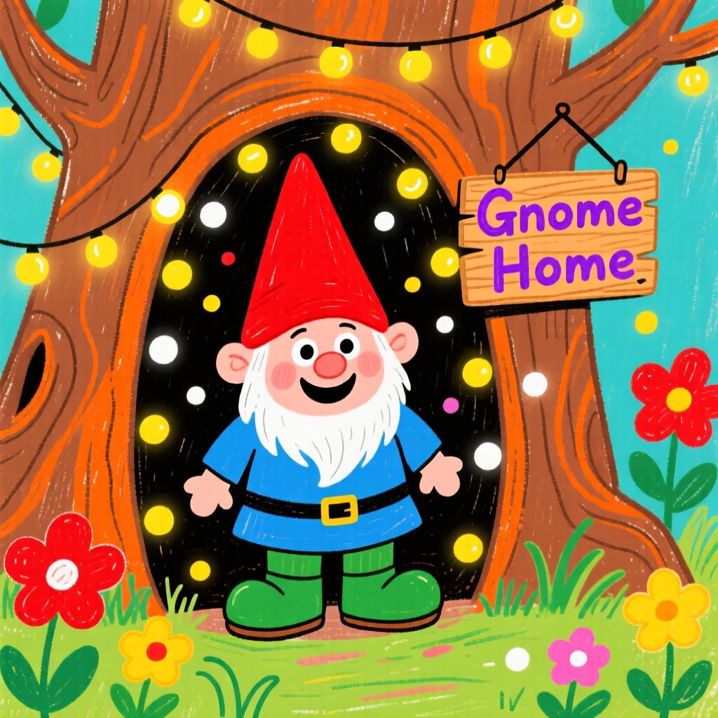 A mischievous garden gnome inside a hollow tree filled with twinkling lights.