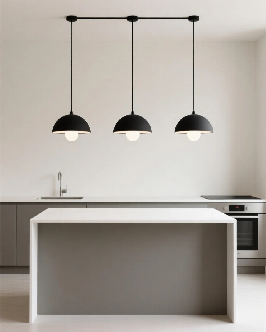 A kitchen with hanging pendant lights over an island