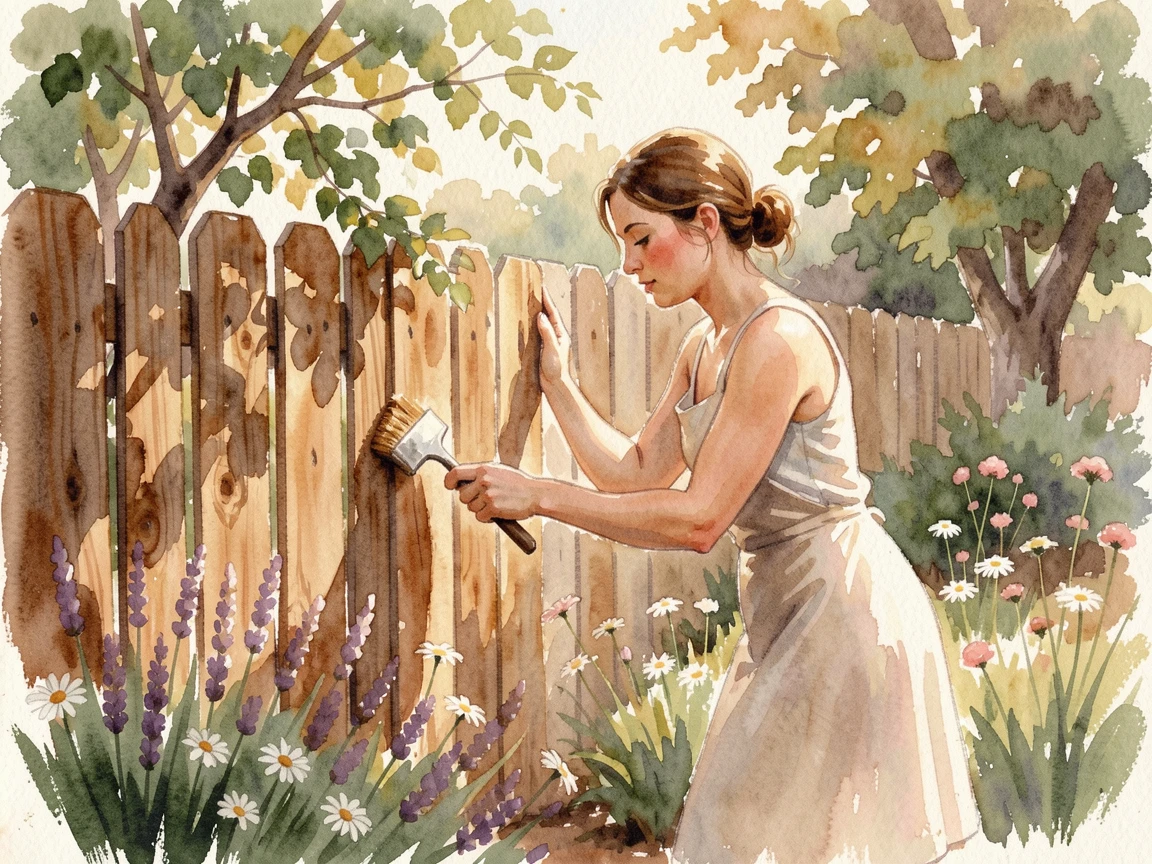 A woman staining a garden fence in a cottage garden with gentle shadows and warm tones.