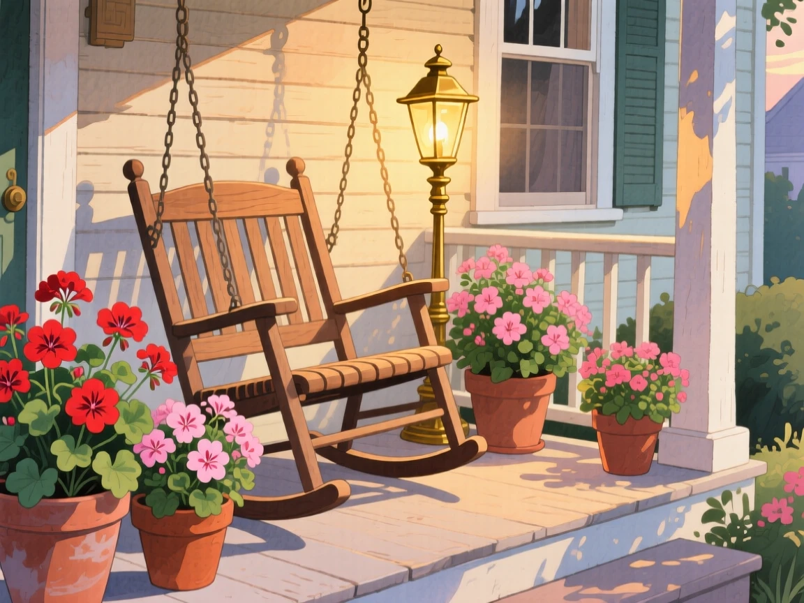 A porch swing gently rocking beside pots of blooming geraniums, with soft golden lamplight glowing nearby, capturing the quiet beauty of everyday rituals.