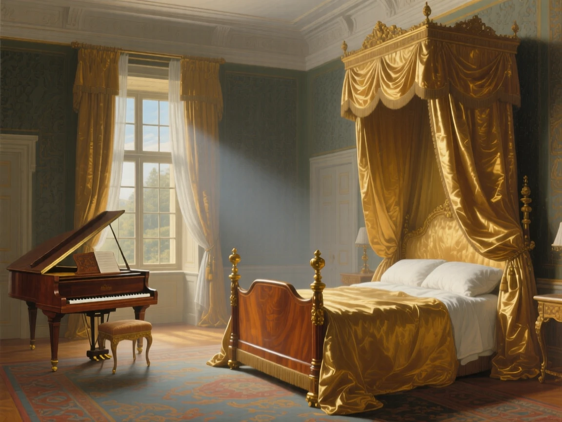 A royal bedchamber with silk draperies and a canopied bed catching the first light of morning through tall windows, set within a royal residence steeped in history, with a single grand piano standing beneath a shaft of window light; warm interior light contrasts with cool light spilling in from outside, capturing the serene majesty of a space built to inspire awe.
