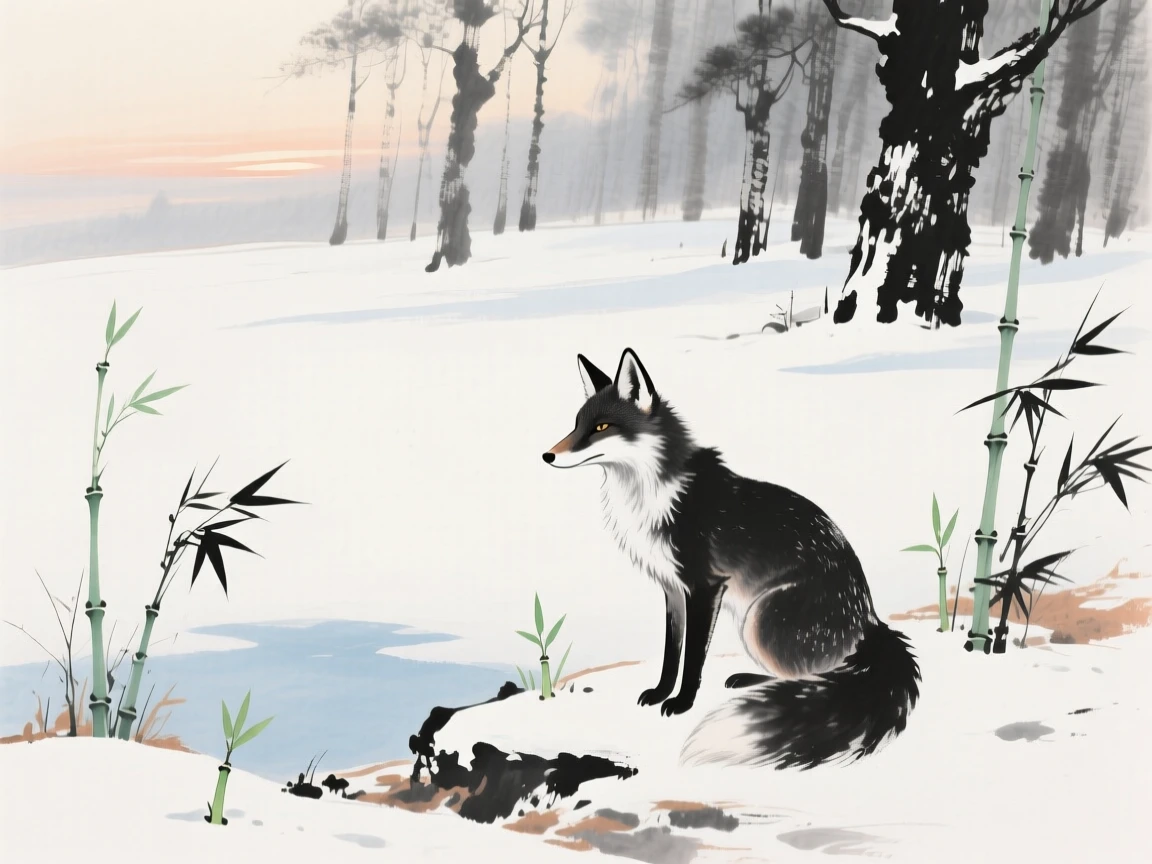 A fox pausing at the edge of a snowy forest clearing, at dawn, as new bamboo shoots break through the soil.