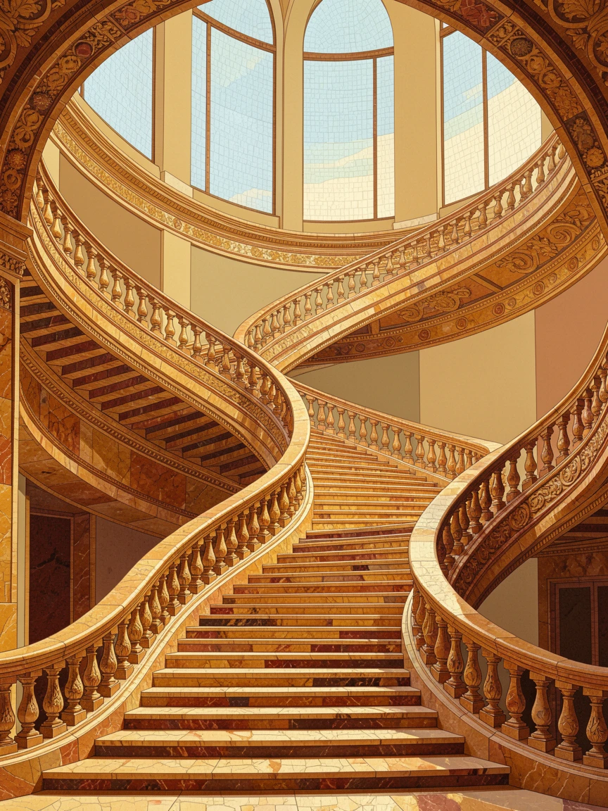 A breathtaking wide-angle view of the sweeping staircases of a grand European opera house, with rich warm lighting and fine architectural detail.