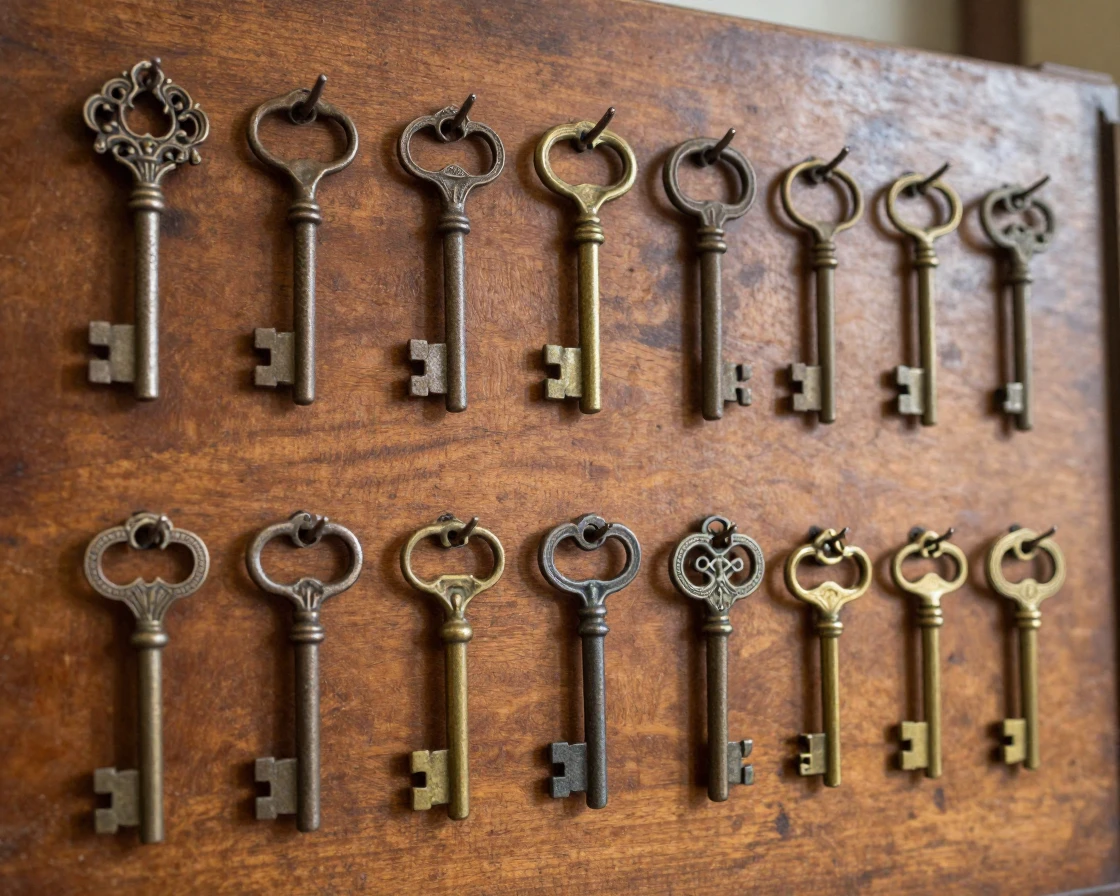 An antique key collection hanging on a wooden board
