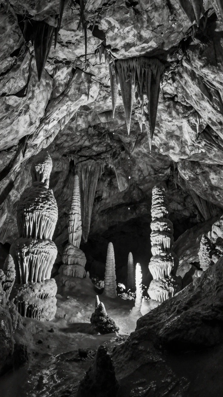 A limestone cave chamber drips with stalactites from the ceiling deep beneath a mountain range.