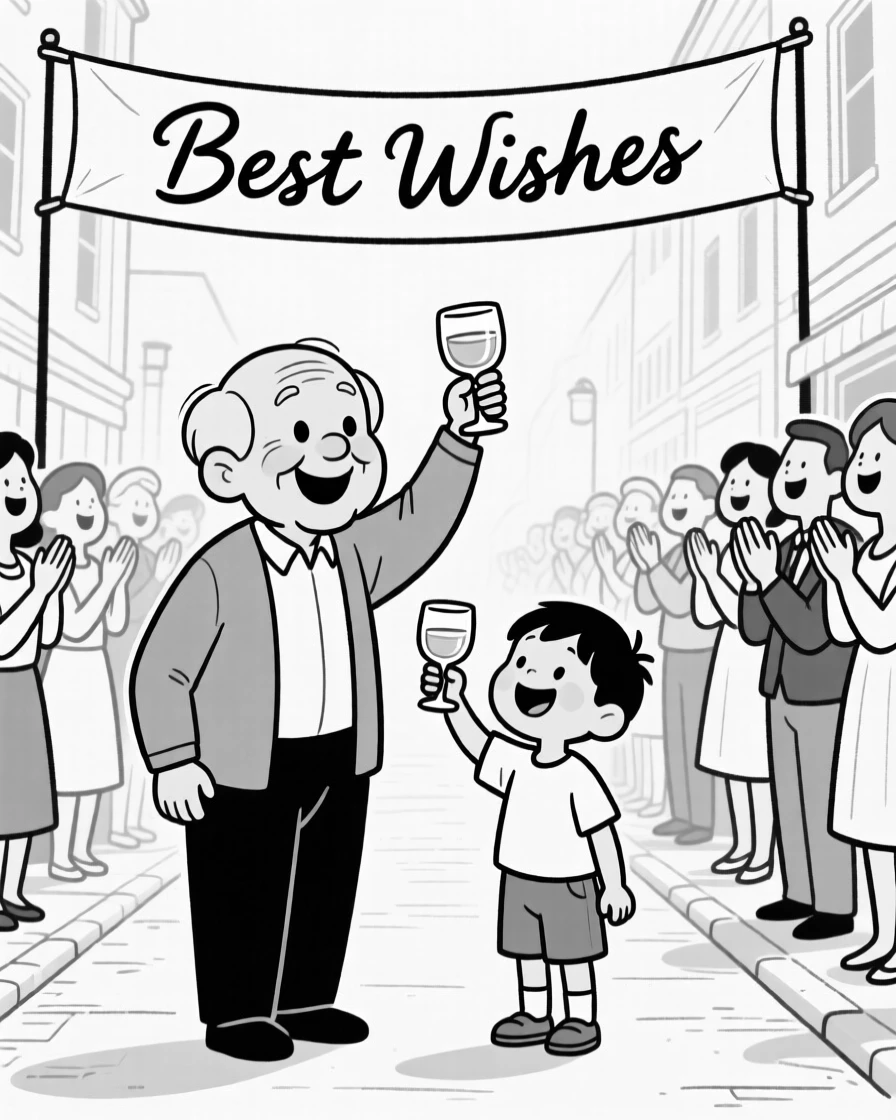 An elder blessing a young child during a ceremony, raising glasses high with wide, genuine smiles, set along a street lined with cheering onlookers. A hand-painted banner reads best wishes in flowing script. The image feels like a snapshot of pure, collective happiness.