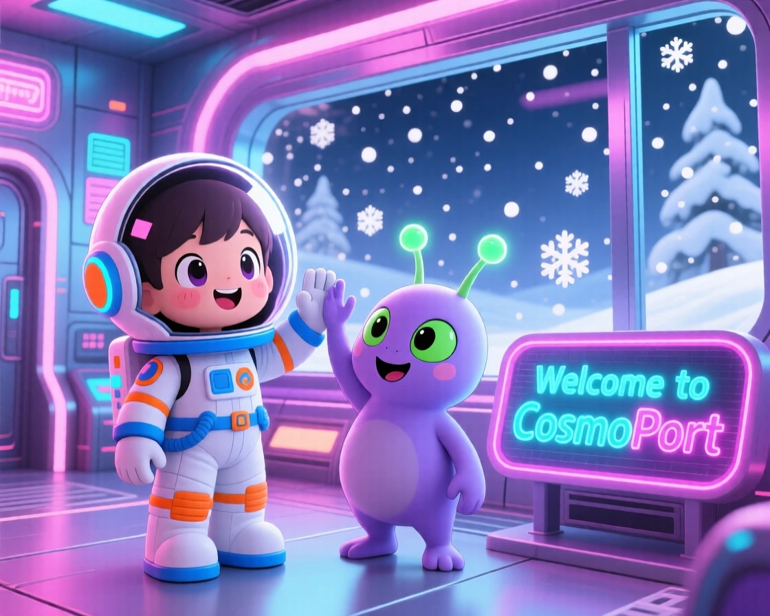A child astronaut high-fiving a friendly alien in a glowing spaceport during a cozy winter snowfall; neon-lit glow washes over the scene as bubbly enthusiasm fills the moment. Full-body shot.