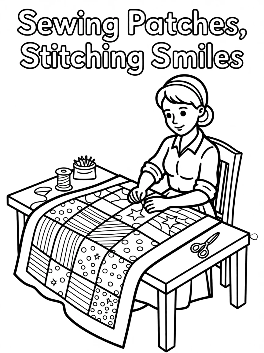 A seamstress sewing patches onto a colorful quilt