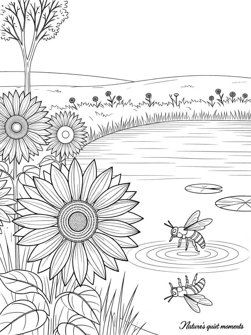 A bee gathering pollen from a sunflower field, with its reflection rippling in a still pond.