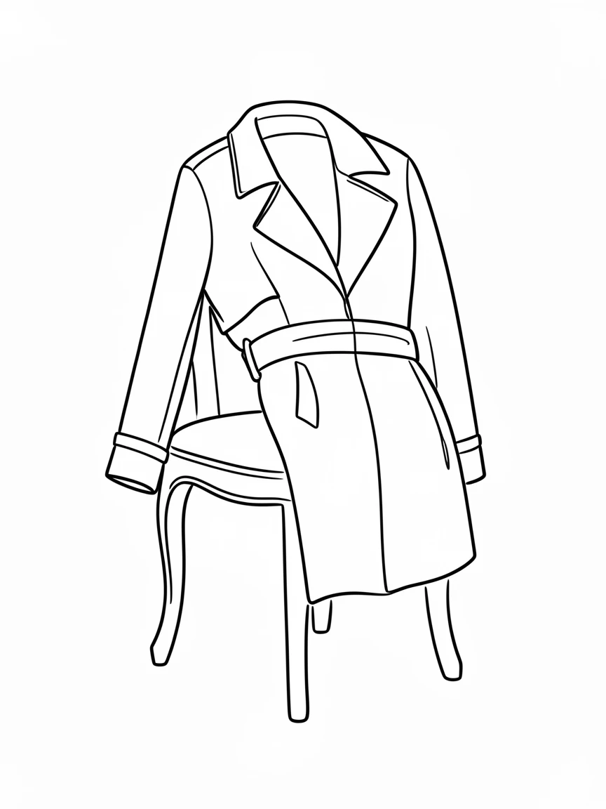 A tailored trench coat draped over the back of a vintage chair