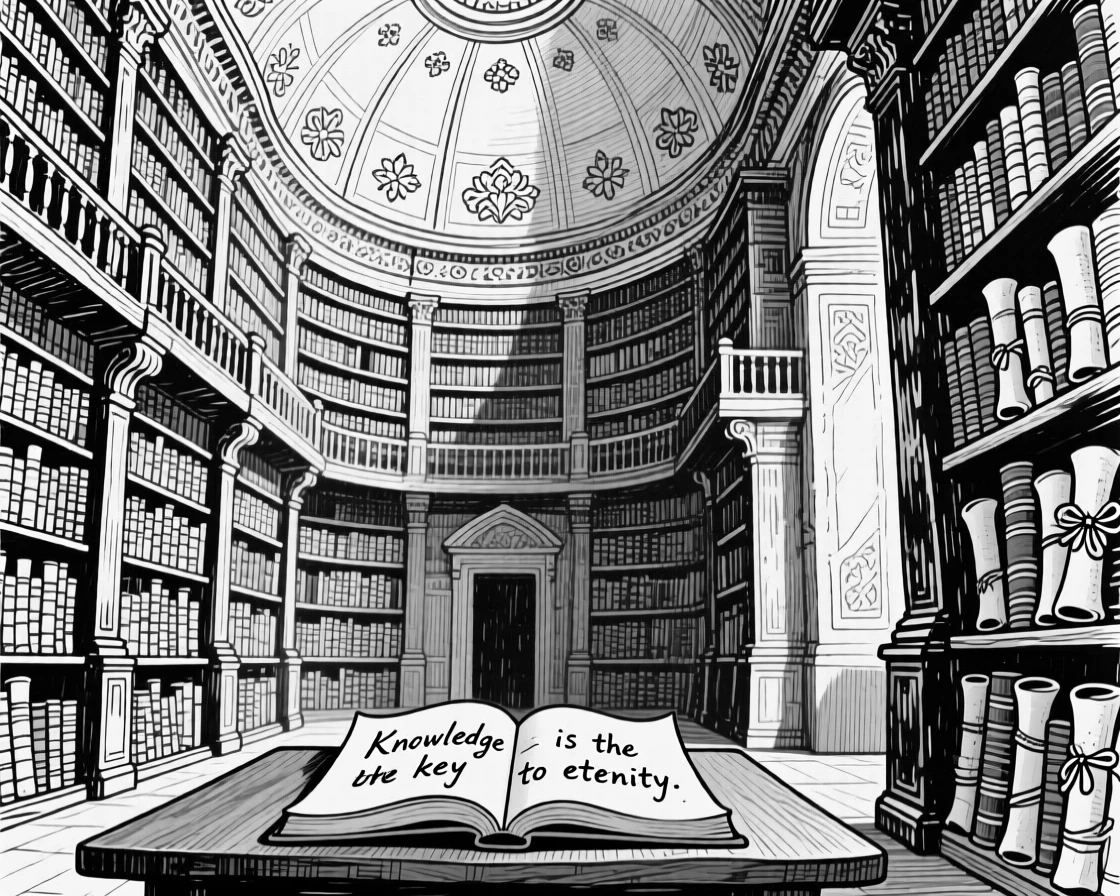A grand ancient library with towering scroll shelves and a domed ceiling.