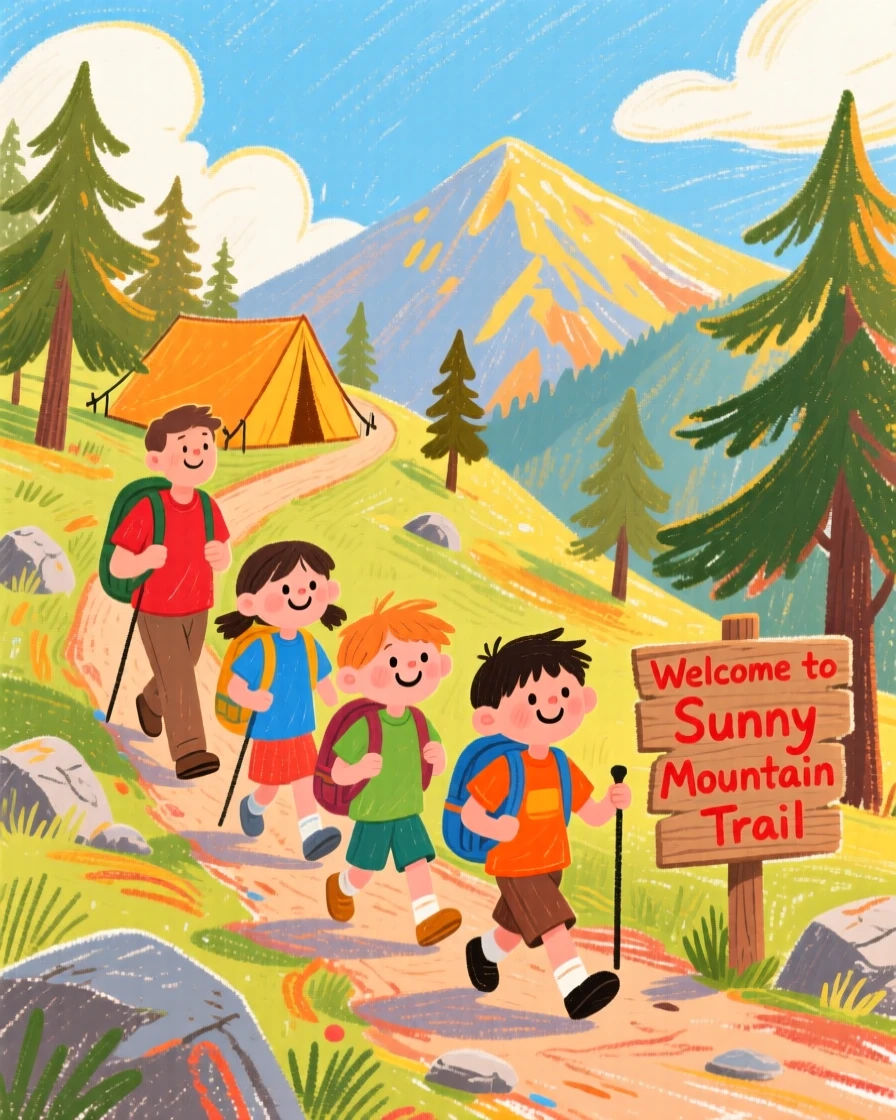 A group of campers moving across a sunlit mountain trail.