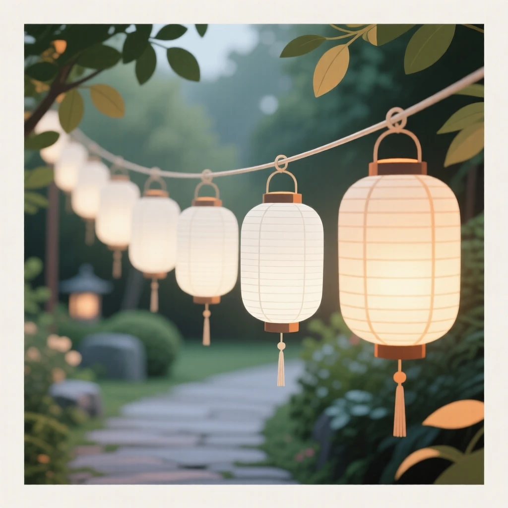 A set of paper lanterns strung along a garden path, arranged within a softly blurred natural setting, framed tightly to emphasize fine texture and detail, with a clean, elegant simplicity.