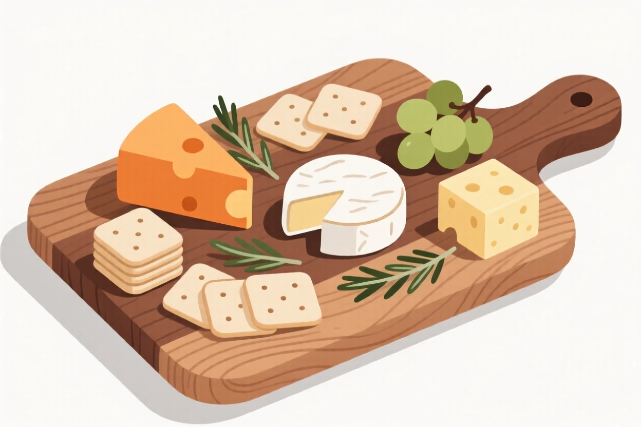 A spread of cheese and crackers beautifully displayed on a rustic wooden board at a family gathering.