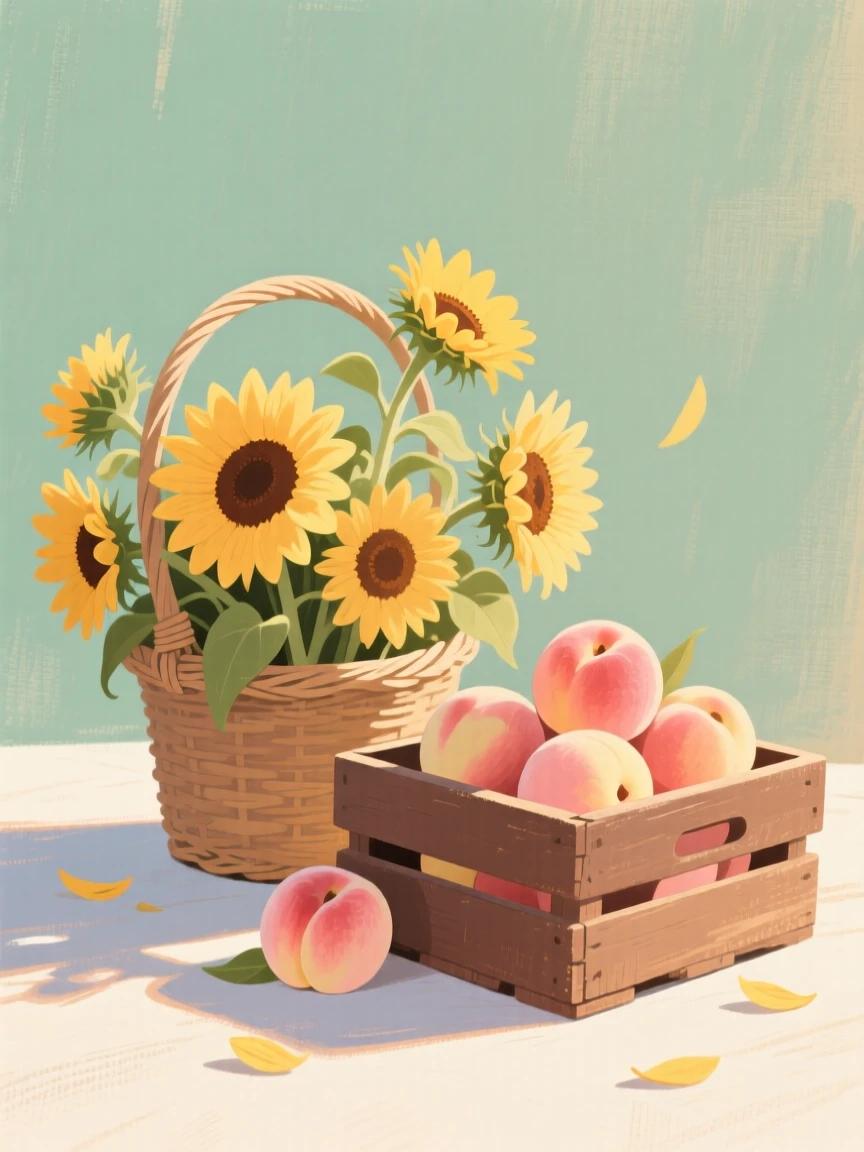 A basket of freshly cut sunflowers beside a crate of ripe peaches