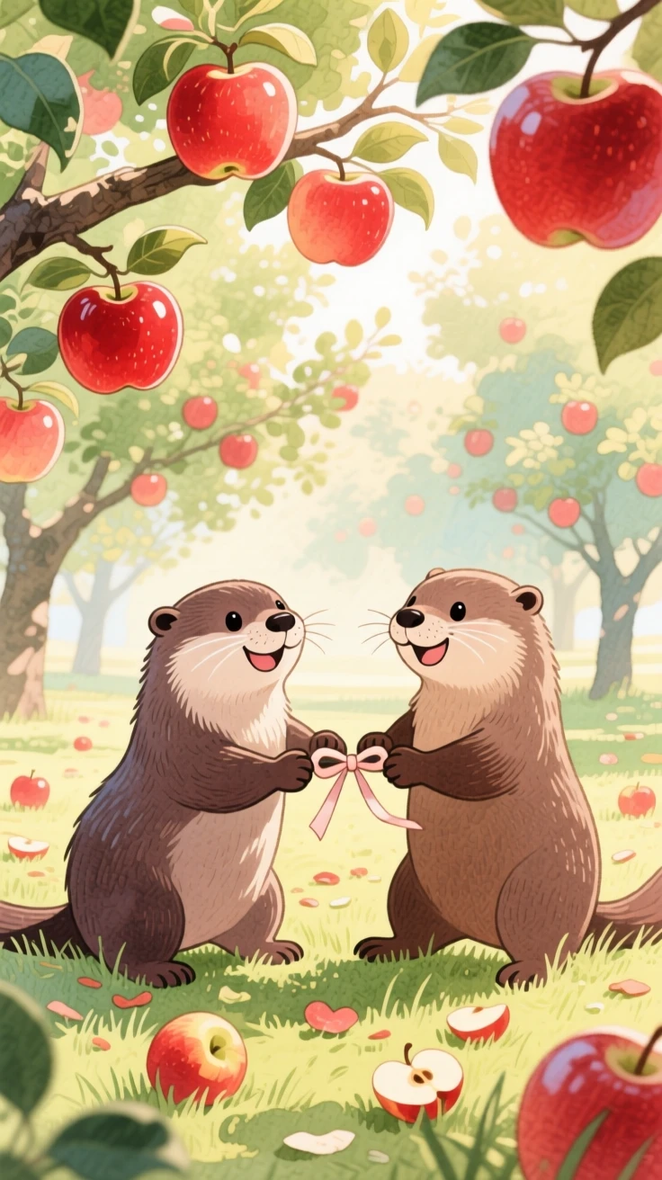 A pair of otters playing tug-of-war with a little ribbon, set in an orchard heavy with ripe apples, showing unconditional love and loyalty.