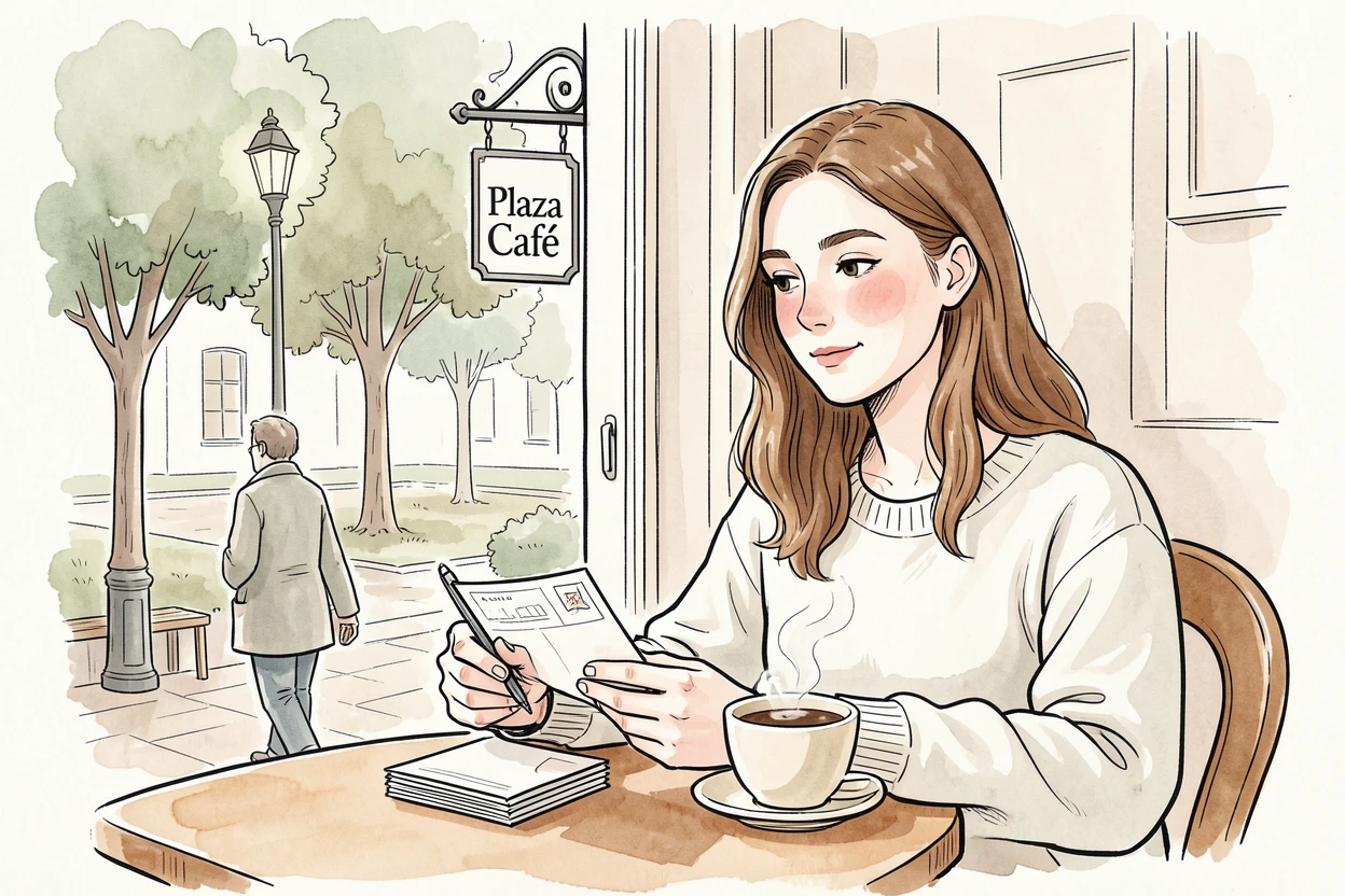 A young woman writing postcards at a café table overlooking a plaza, gentle expressions capturing a fleeting, genuine moment.