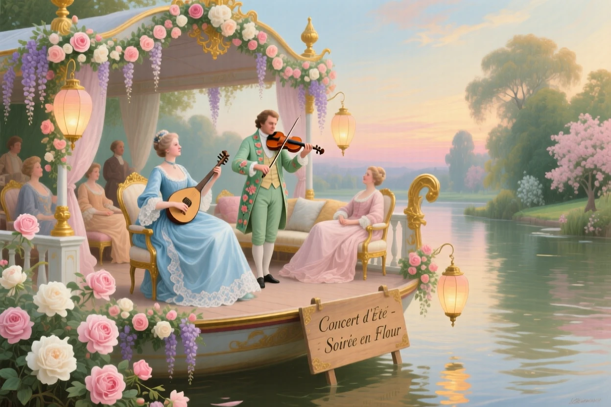 A summer evening concert on a barge decorated with flowers  