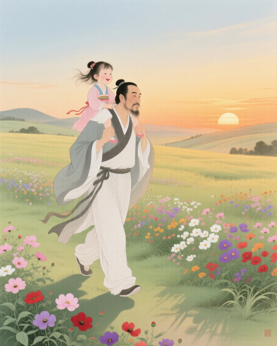 A father carrying his daughter on his shoulders through a field of flowers, at golden hour, long shadows stretching across the grass