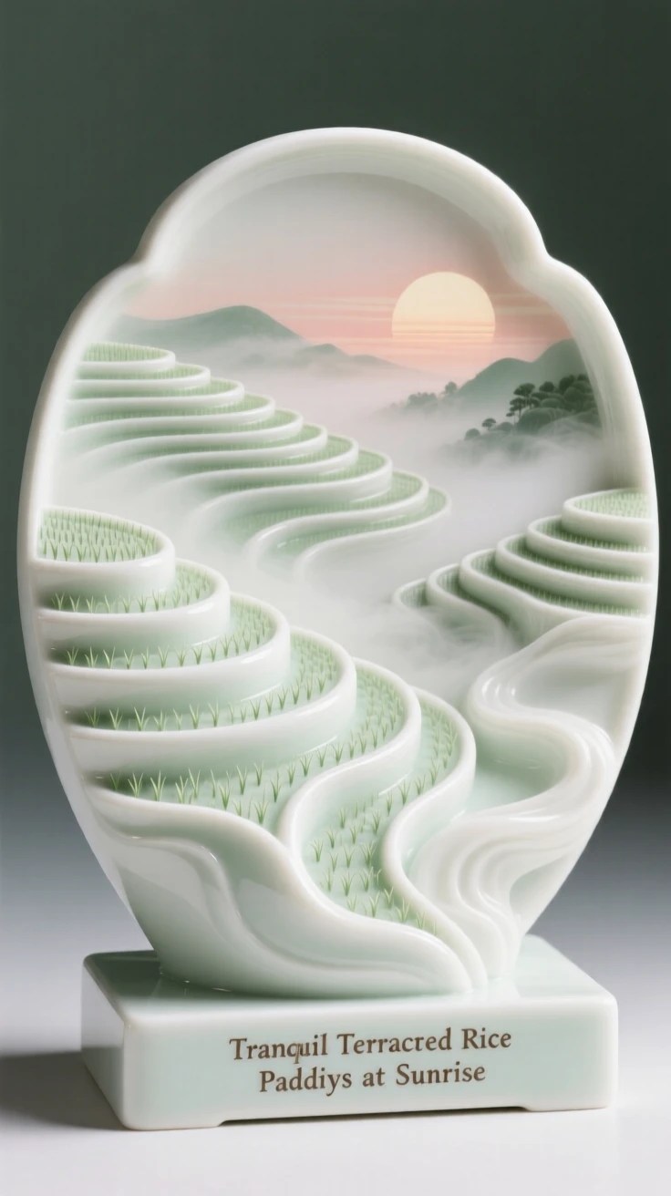 A tranquil terraced rice paddies at sunrise, mist rising gently at dawn.