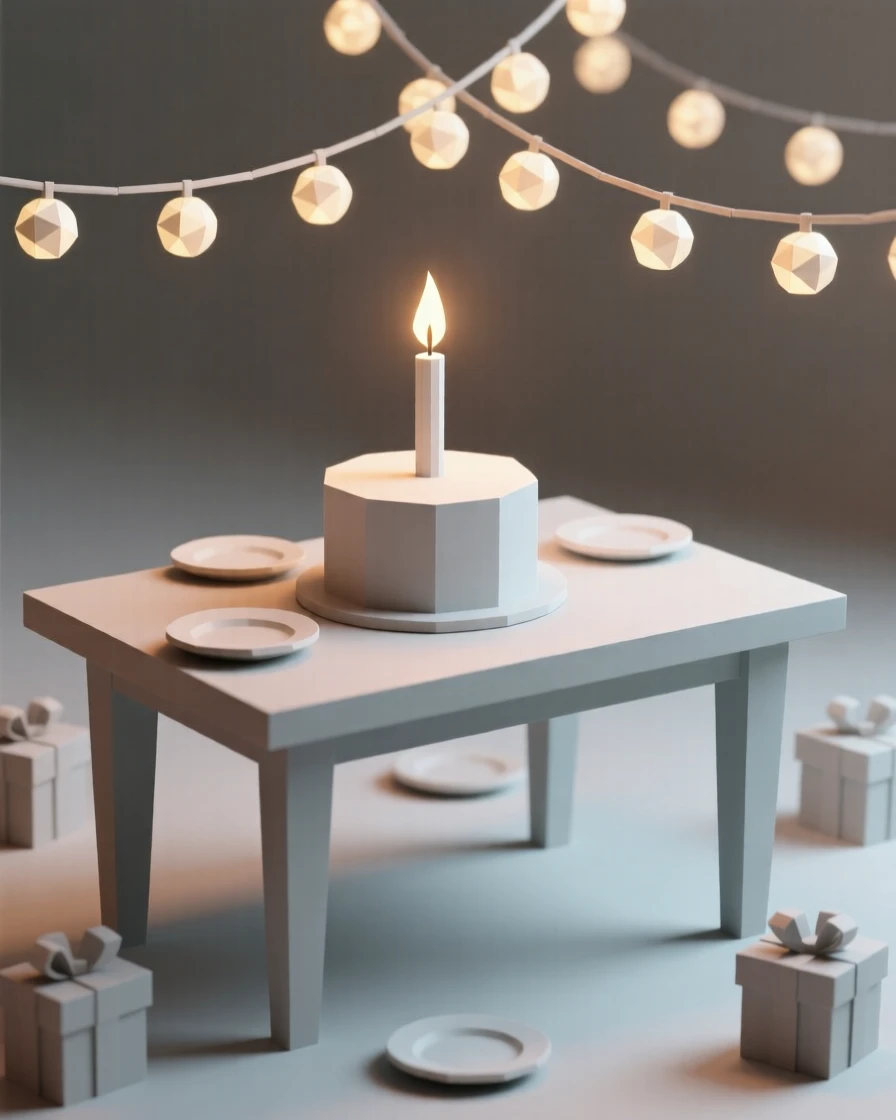 A birthday celebration table with a glowing candle-lit cake, under strings of warm twinkling lights. the composition centers on the main celebratory focal point. The mood feels cozy and nostalgic.