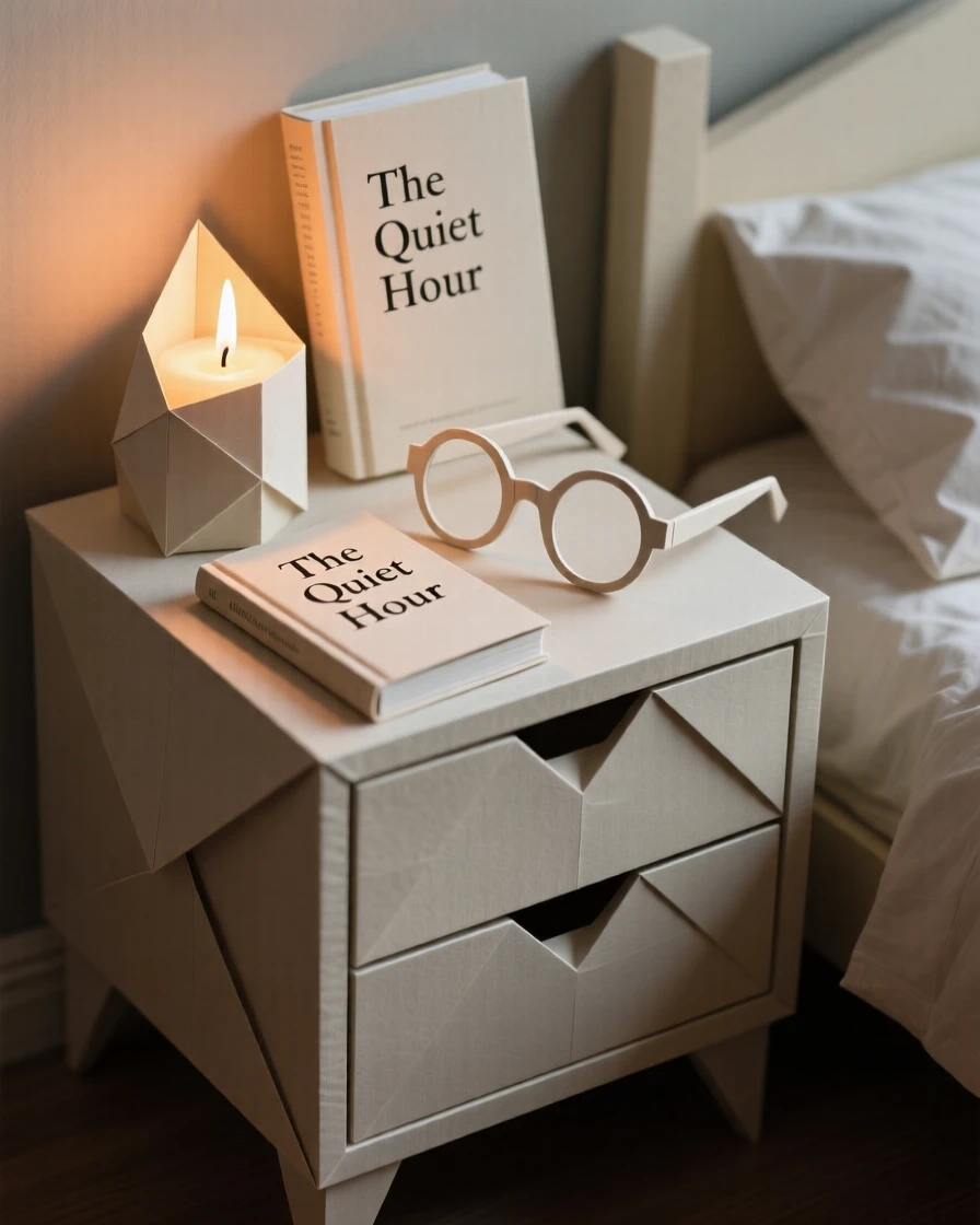 A cozy bedroom nightstand with a lit candle, a novel, and a pair of reading glasses.