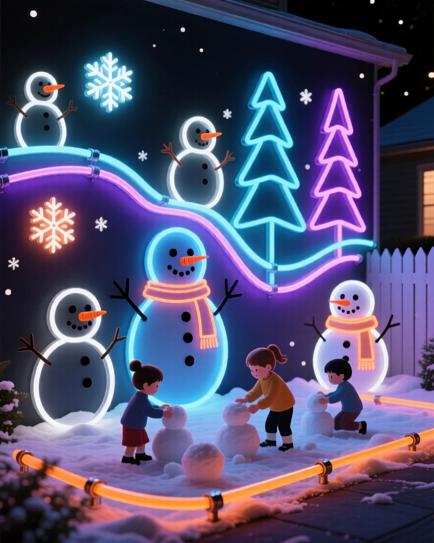 A snowman building contest in a neighborhood front yard.