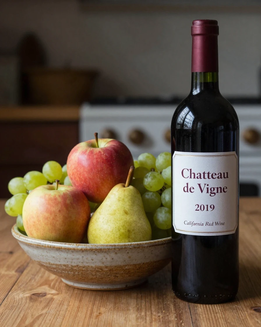 A still life of fruit in a ceramic bowl beside a wine bottle