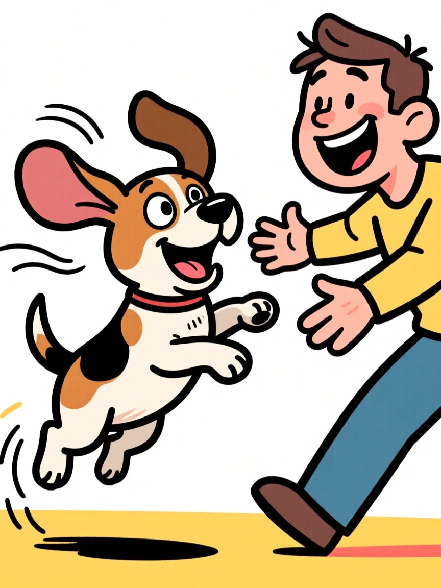 A playful pet moment featuring a goofy beagle puppy greeting its owner with an overjoyed leap, with ears flopping comically in the wind.