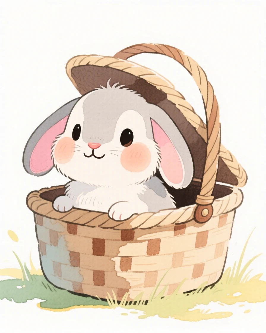 A floppy-eared bunny poking its nose out of a picnic basket