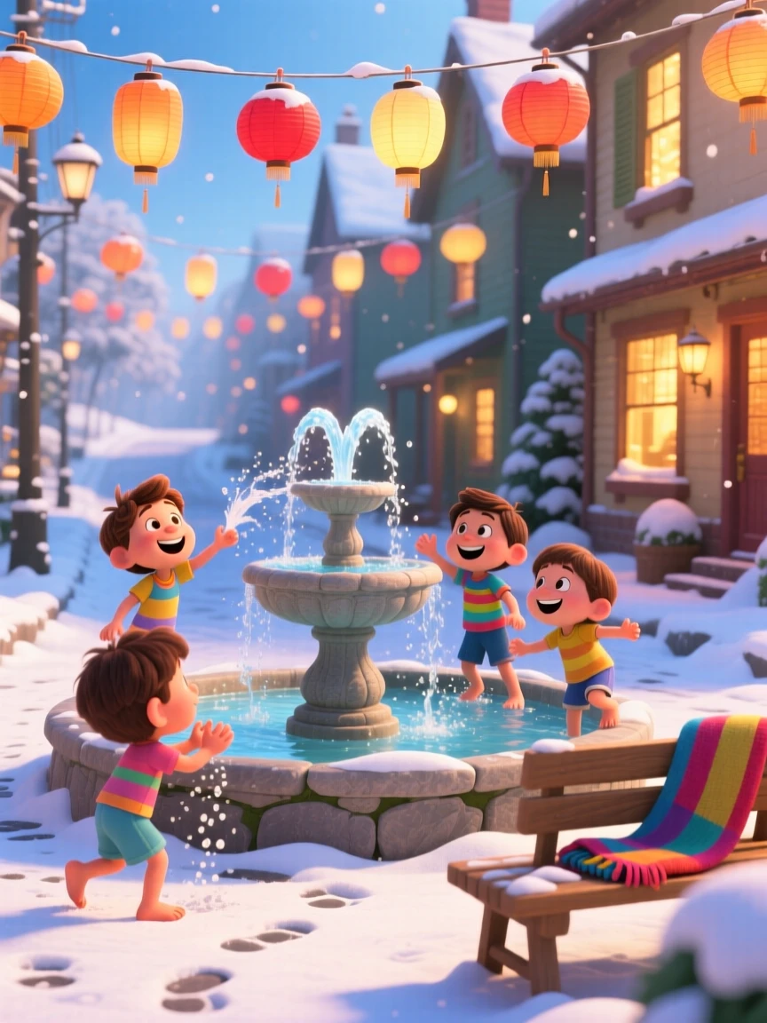 Children splashing in a fountain on a hot summer day happens on a snowy street lined with glowing windows, with paper lanterns swaying softly in the breeze. The atmosphere glows with tradition and family warmth.