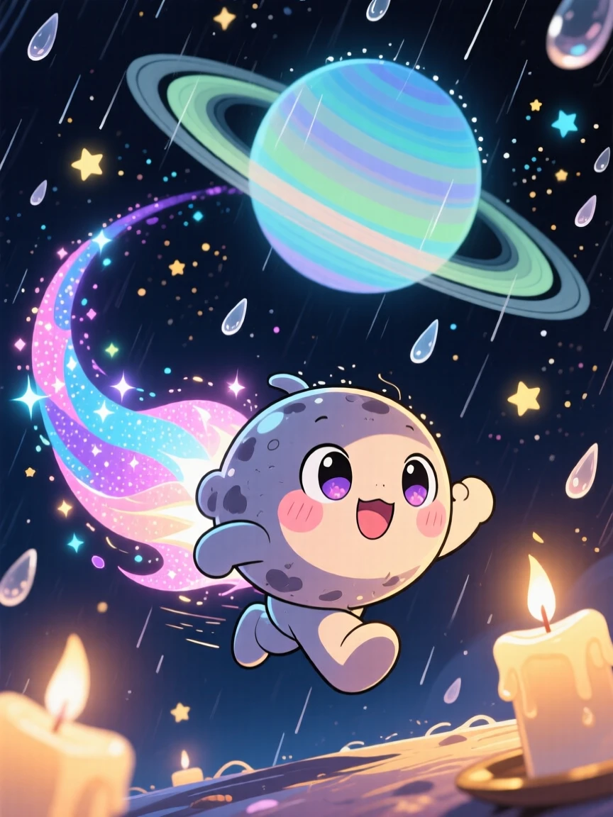 A comet character with a sparkling tail racing past a ringed planet in deep space with distant stars during a gentle spring rain shower; gentle candlelight washes over the scene as wide-eyed wonder fills the moment. Worm's-eye view.