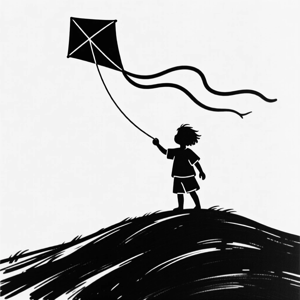 A child flying a kite on a windy hilltop.