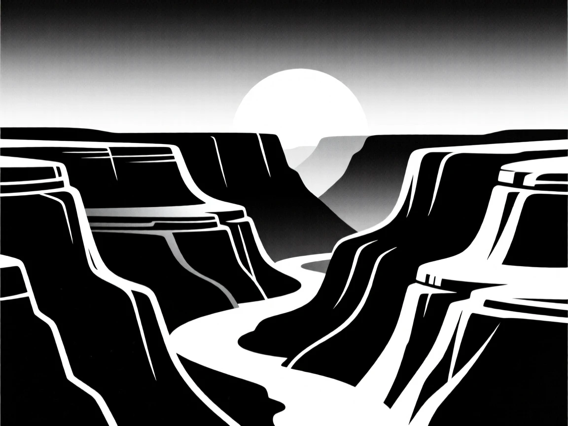 A canyon at sunset painted in deep orange.