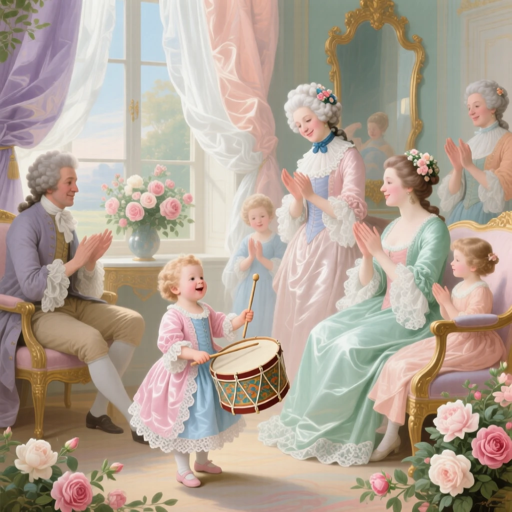 A child playing a tiny drum as family members clap along  