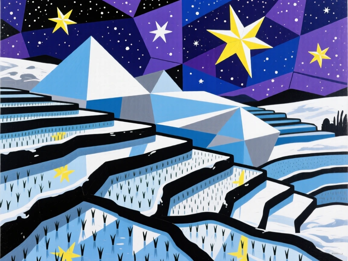 A wide shot of a terraced rice paddy beneath a star-filled night sky, in deep winter.