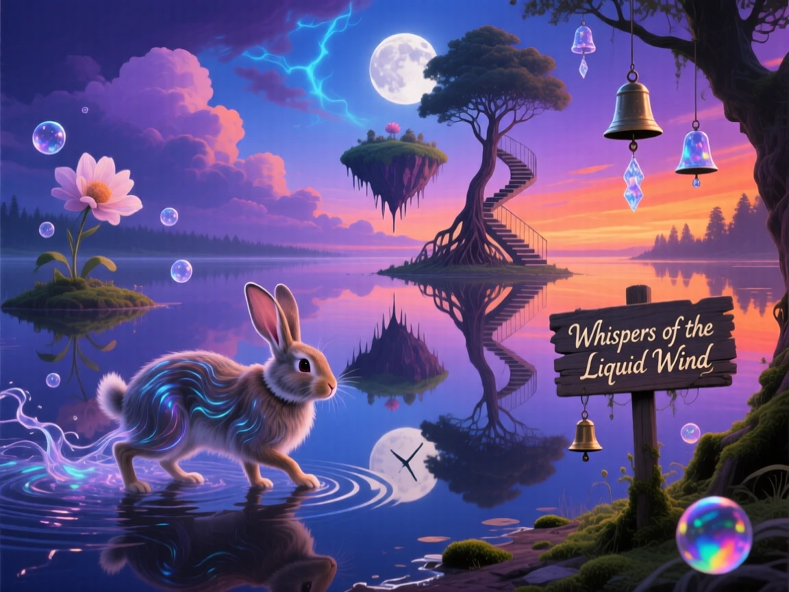 A rabbit whose fur ripples like water in the wind wanders along the edge of a mirror-smooth lake, while soft chimes seem to ring with each of its movements.