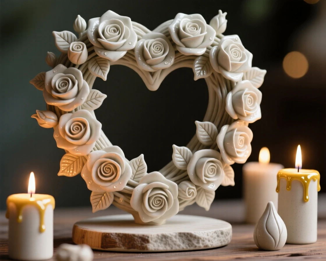 A heart-shaped wreath of roses for a loved one arranged as a festive centerpiece, surrounded by warm candlelight, evoking festive joy and warm togetherness.