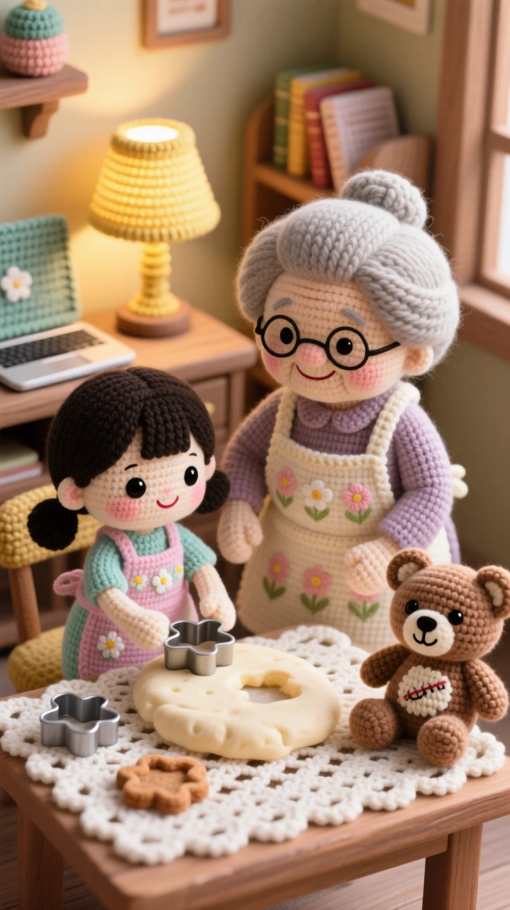 A tender everyday moment: a little girl baking cookies with her grandmother both wearing matching aprons, pressing cookie cutters into soft dough inside a small home office corner with a cozy lamp; a favorite well-loved stuffed toy completes the scene, full of tender, unspoken affection.