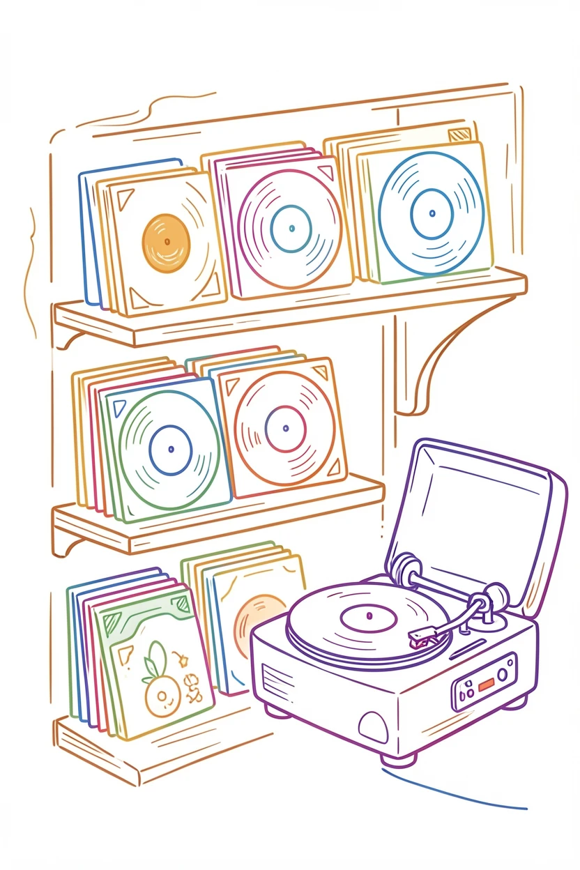 A vintage record collection displayed on wooden shelves beside a turntable.