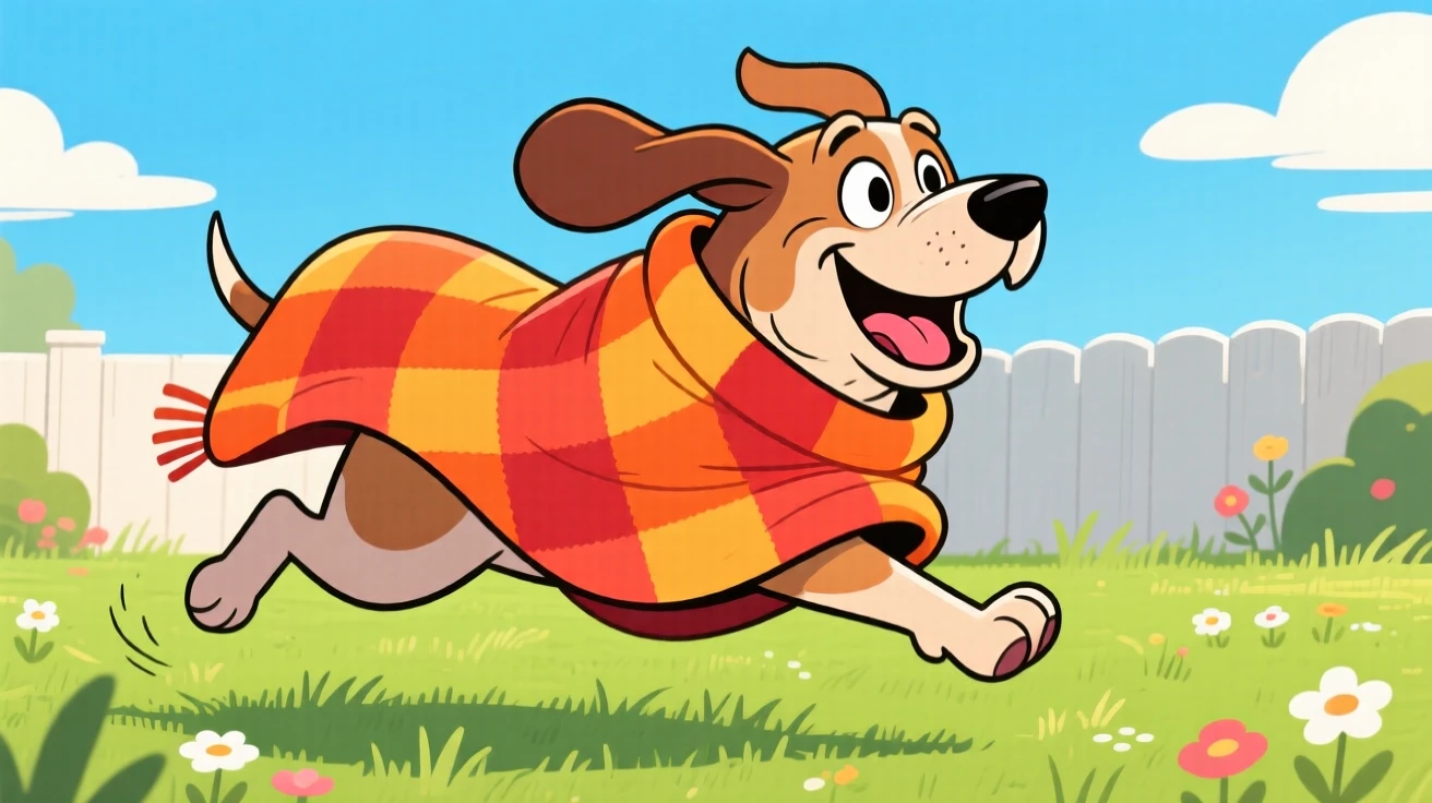 A playful pet moment featuring a gentle old bloodhound sprinting joyfully across a grassy backyard, wrapped in a cozy blanket.