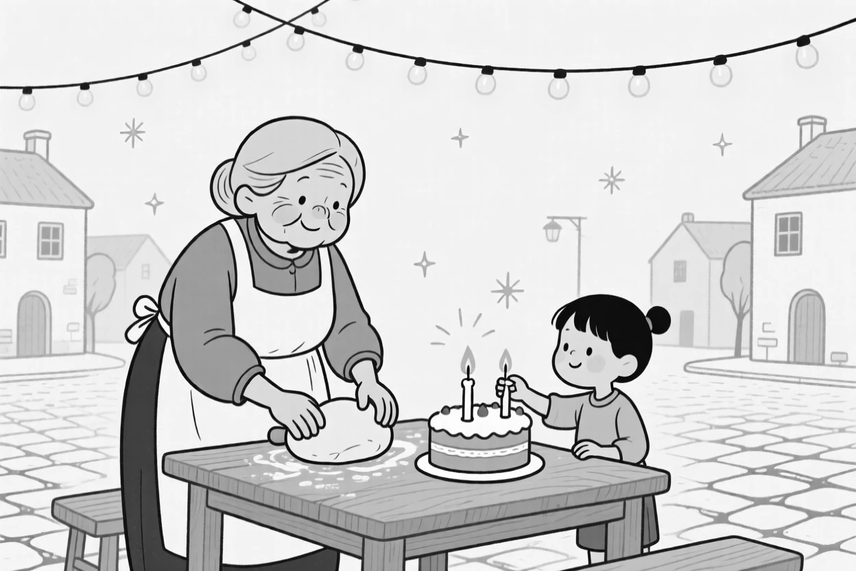 A grandmother lighting candles for a family celebration, guiding small hands through kneading dough, set in a village square lit by string lights. Warm string lights twinkle overhead. It radiates the timeless magic of coming together to celebrate.