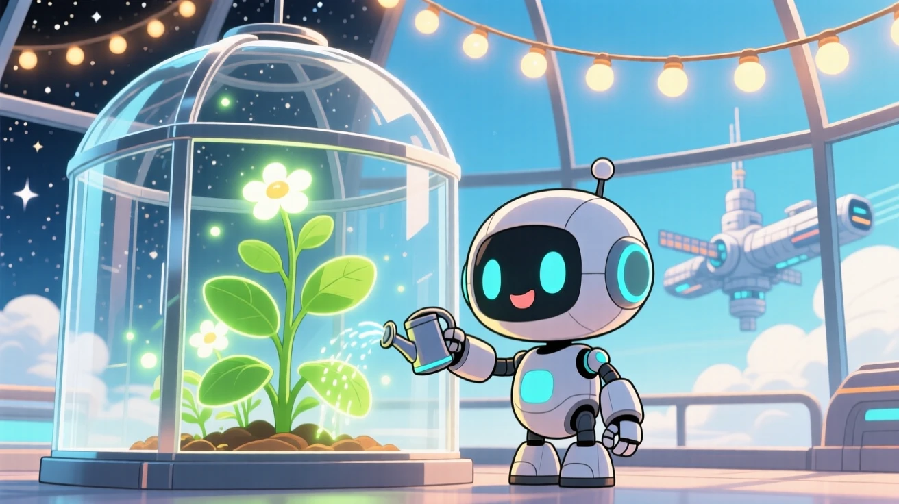 Medium shot: a small robot, watering a glowing plant inside a space greenhouse, set against a futuristic space station under a clear summer sky, with glowing string lights and a mood of delighted joy.