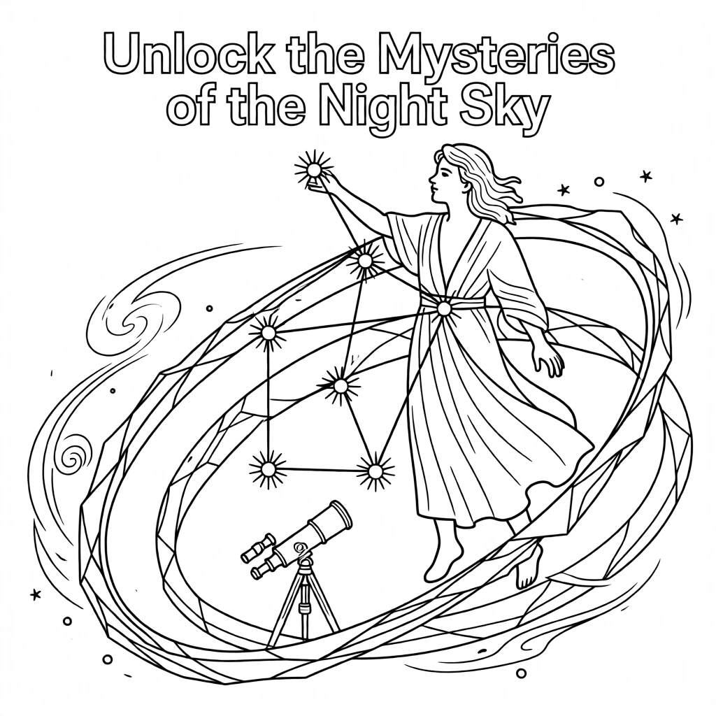 A constellation map connecting stars into a mythical figure, with rings of ice and rock circling nearby.