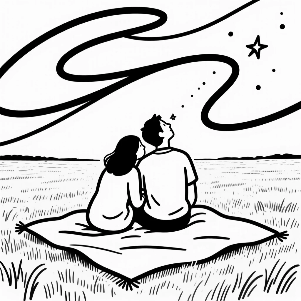 A couple stargazing together on a blanket in an open field.