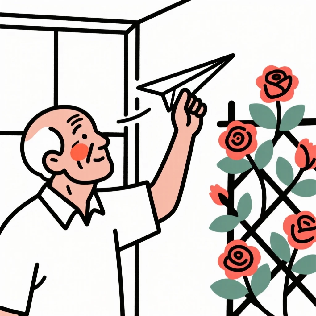 An elderly man of Cuban heritage flying a paper airplane indoors, beside a blooming rose trellis.