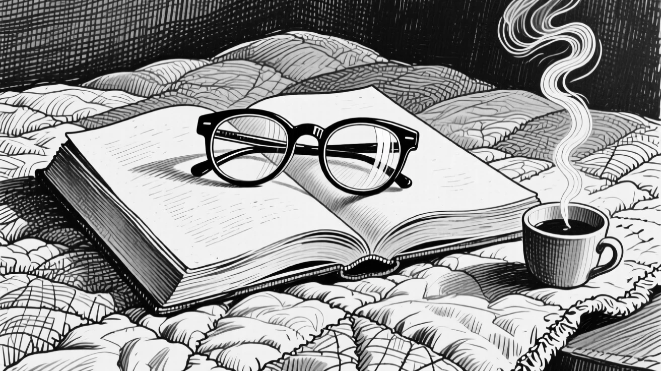 A pair of reading glasses on an open book resting on an old quilt, with steam curling gently upward nearby, forming an elegantly simple still-life study.